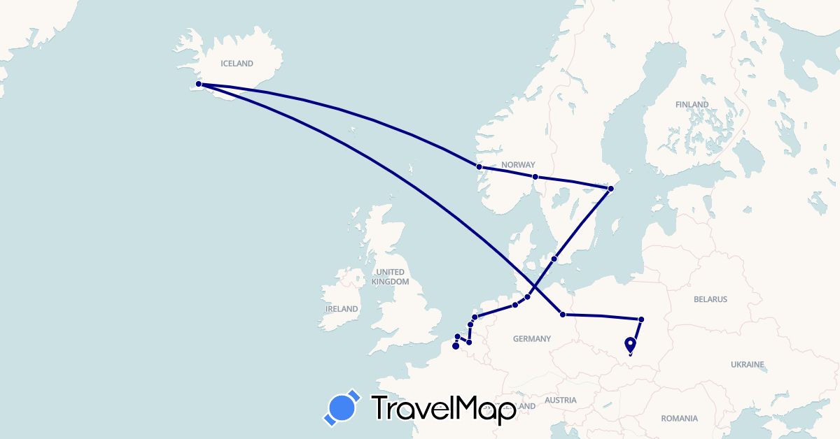 TravelMap itinerary: driving in Belgium, Germany, Denmark, France, Iceland, Netherlands, Norway, Poland, Sweden (Europe)